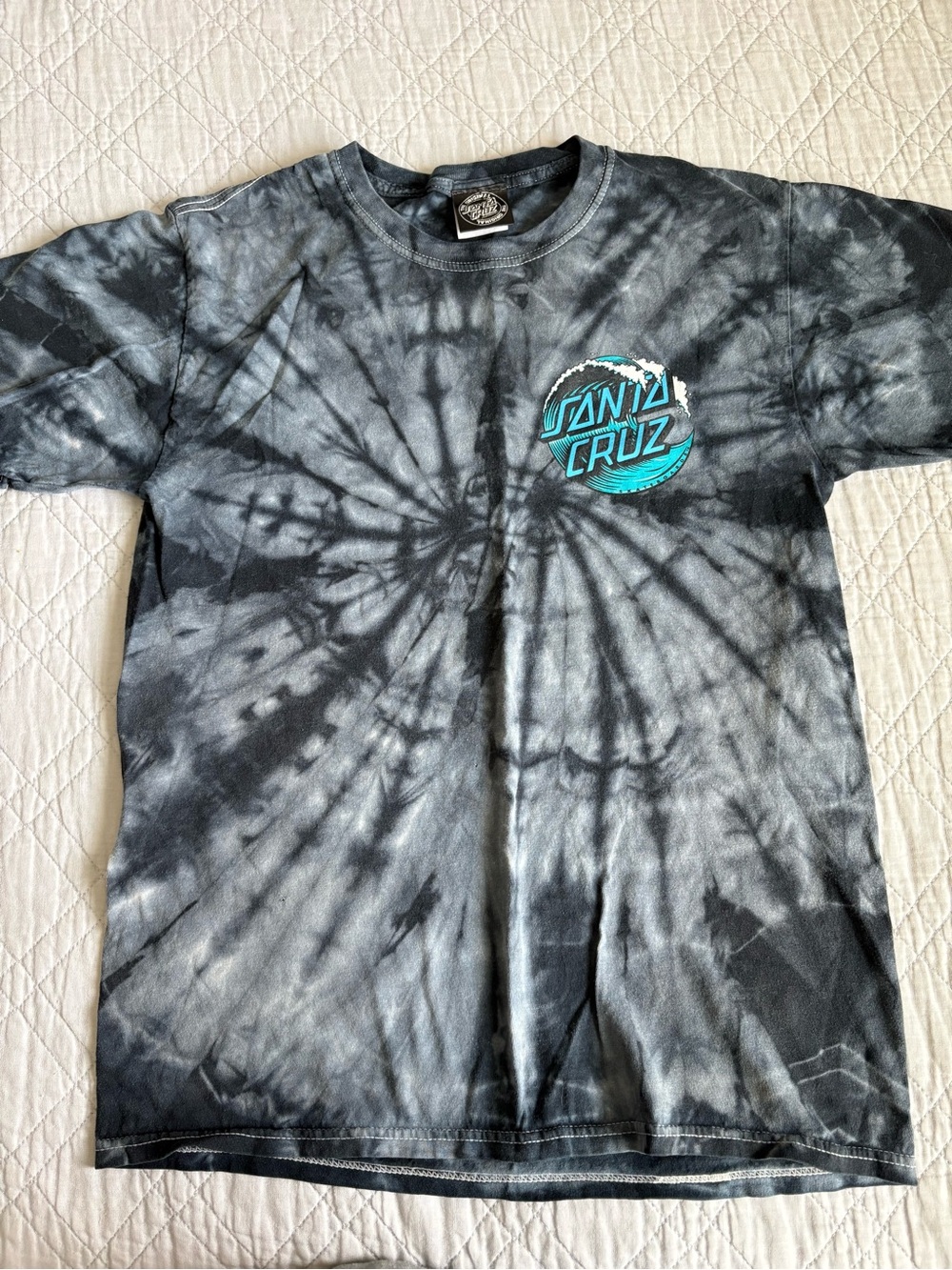 Santa Cruz Skateboards Black & Gray Tie-Dye Tee with Teal Logo Size Small